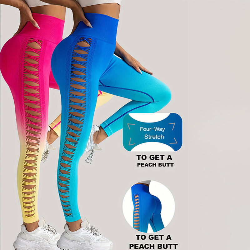2er-Pack ausgeschnittene Ombre-Farbverlaufsfarben, hohle, hoch taillierte Po-Lifting-Fitness-Yogahosen für Damen, hoch taillierte Yogahosen für Damen mit Aussparungen, zerrissen, superweich und bequem, schmal