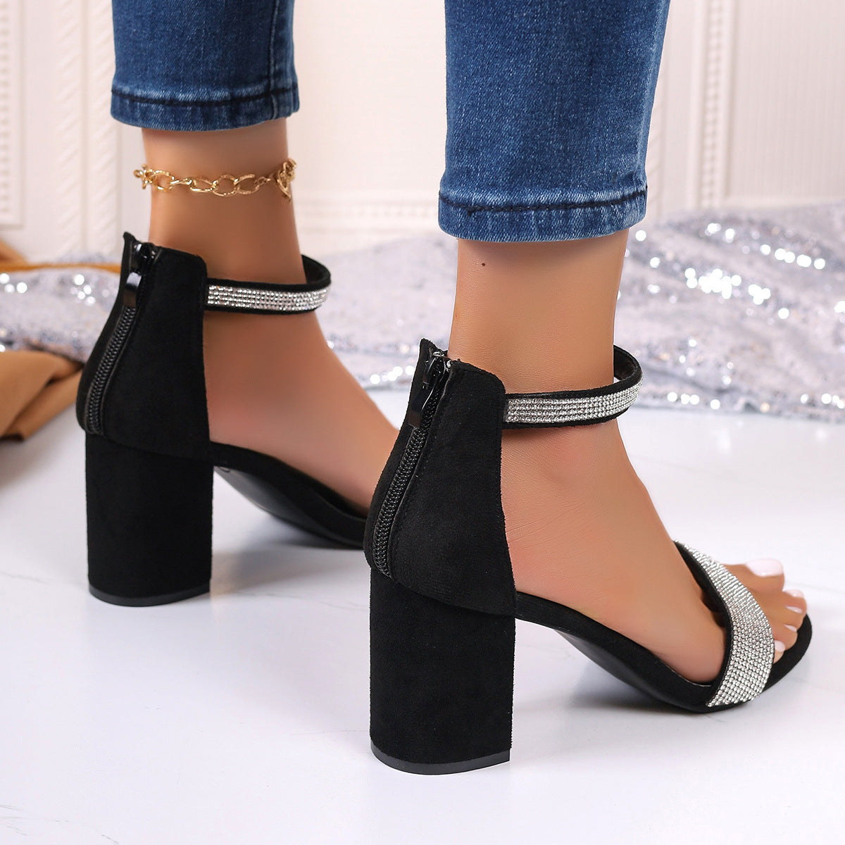 Strass-Sandalen mit hohem Absatz, Sommer-Sandalen mit klobigem quadratischem Absatz, offene Zehenpartie, Riemchenschuhe
