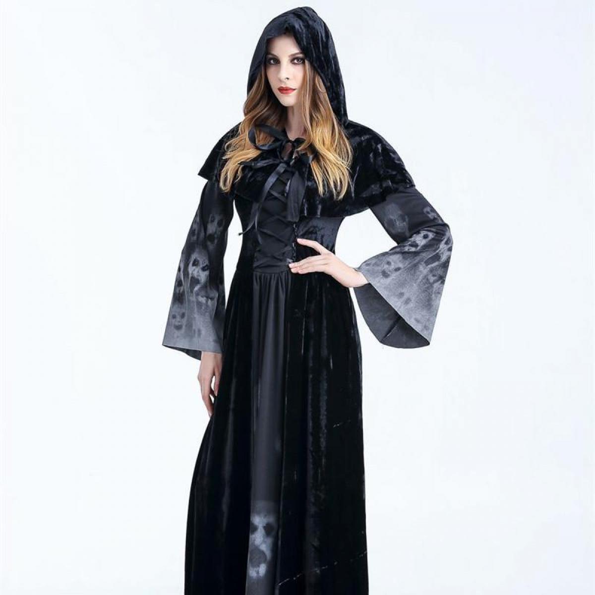 Halloween Femmes Médiéval Gothique Sorcière Maléfique Horreur Peur Costume Cosplay Fête Carnaval Fantôme Longue Robe Noire à Capuche