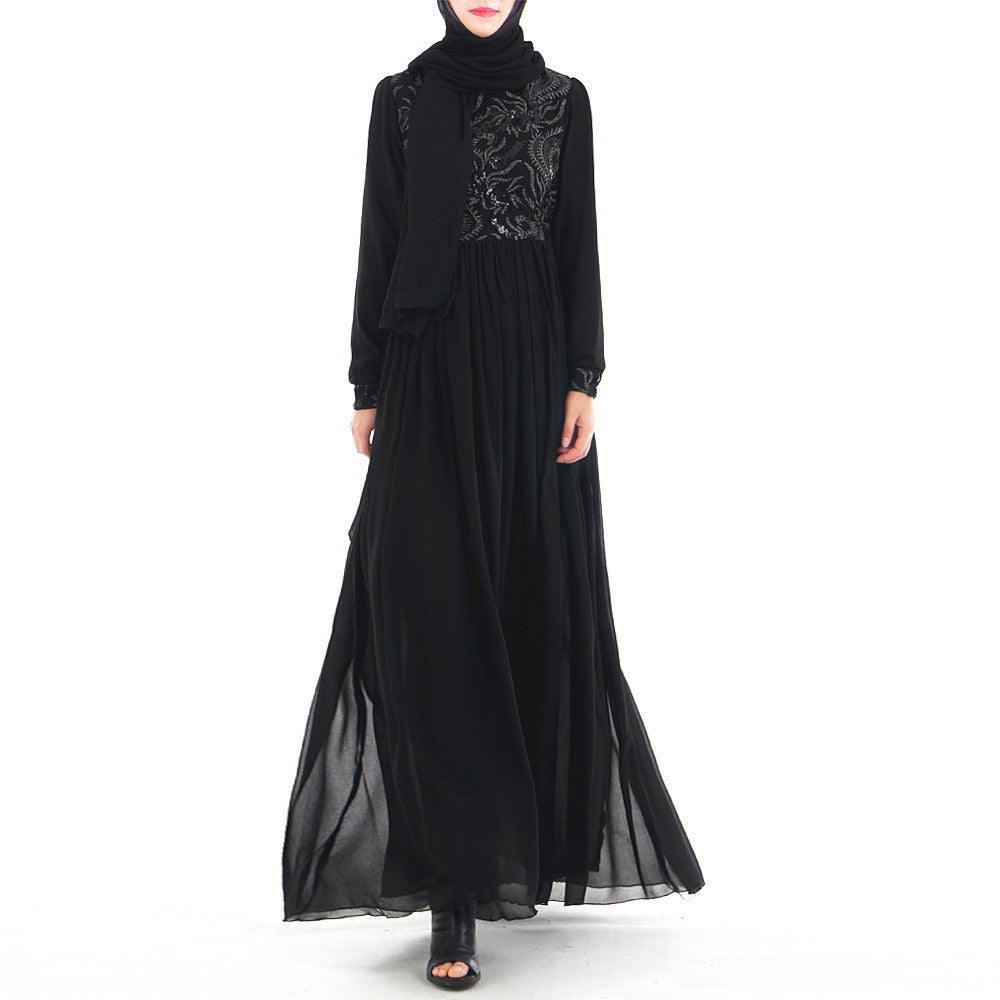 Robe longue musulmane brodée en dentelle à manches longues