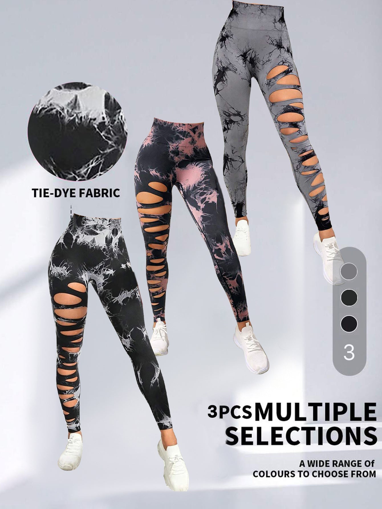 3er-Pack Damen-Strumpfhosen mit Batikmuster und Cutout, hohe Taille, Workout-Yoga-Leggings, elastische Scrunch-Po-Lifting-Hose, Yoga-Hose mit hoher Taille und Cutout, zerrissene Bauchkontrolle, Workout, Laufen, Yoga, Skinny-Leggings
