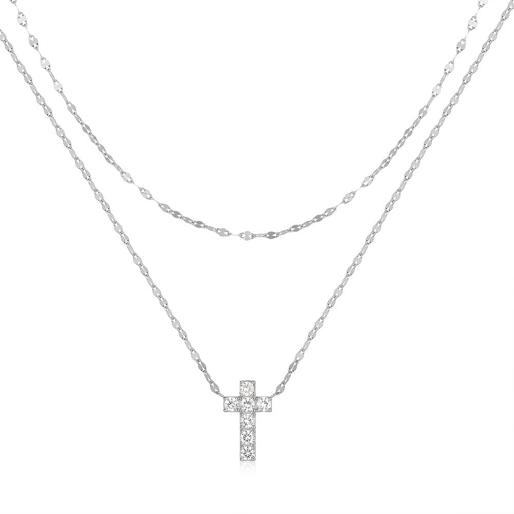 Women's S925 Sterling Silver Double Layer Twin Cross Diamond-studded Necklace