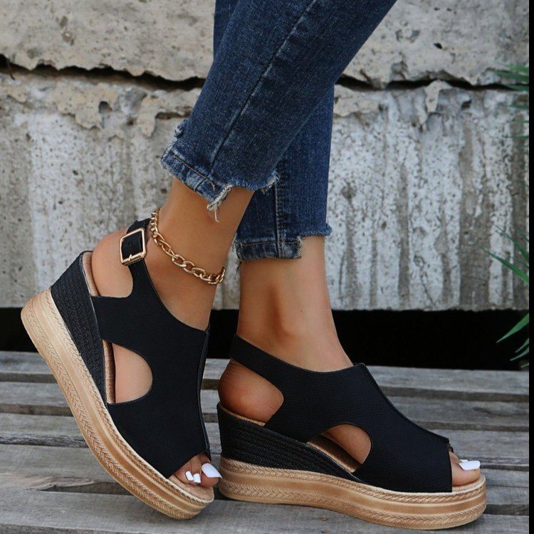 Peep Toe Sandalen Frauen Keilabsatz Plattform Schnalle Schuhe Sommer