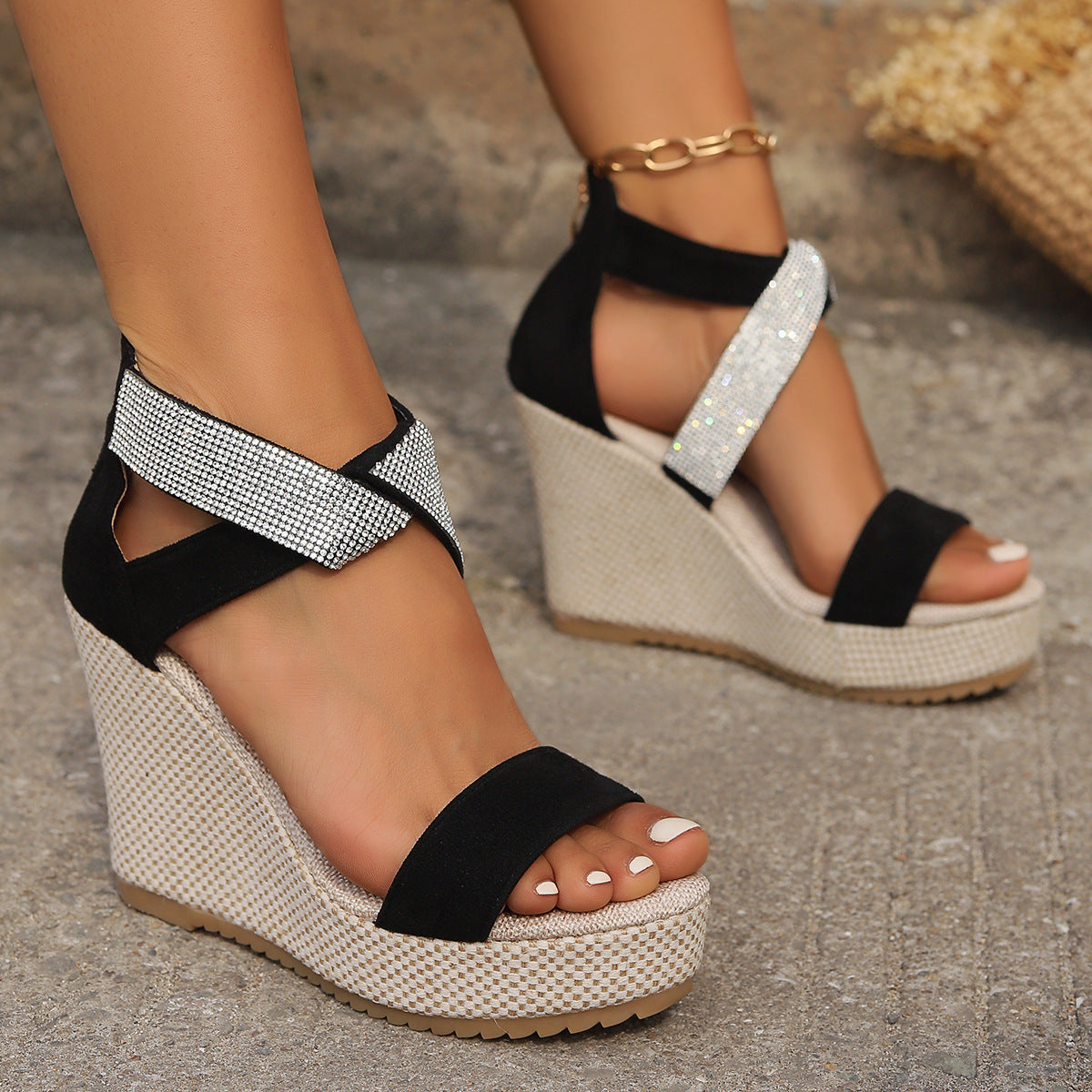Sandales compensées hautes à strass pour femme, chaussures d'été tendance à plateforme