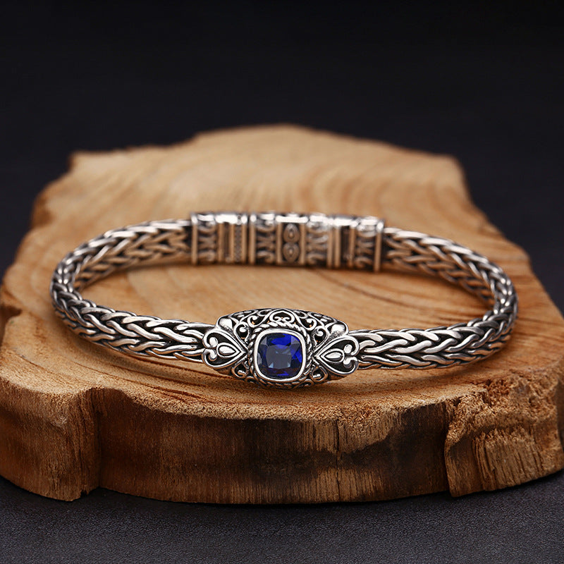 Bracelet en argent sterling 925 tissé à la main avec zircon bleu