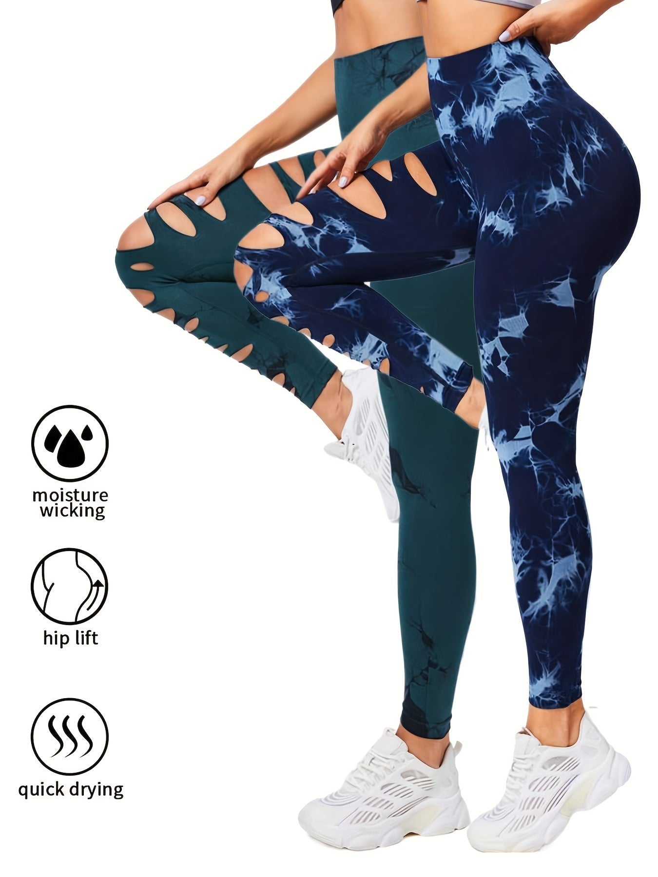 2er-Pack hohle, sexy, hochelastische Damen-Strumpfhosen mit Batikmuster und Ausschnitten, hohe Taille, Workout-Yoga-Leggings, elastische Scrunch-Po-Lifting-Hose, Bauchkontrolle, Po-Lifting, Workout-Yoga-Sporthose