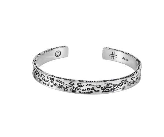 925 Sterling Silver Graffiti Bracelet Men's Hip-hop Retro