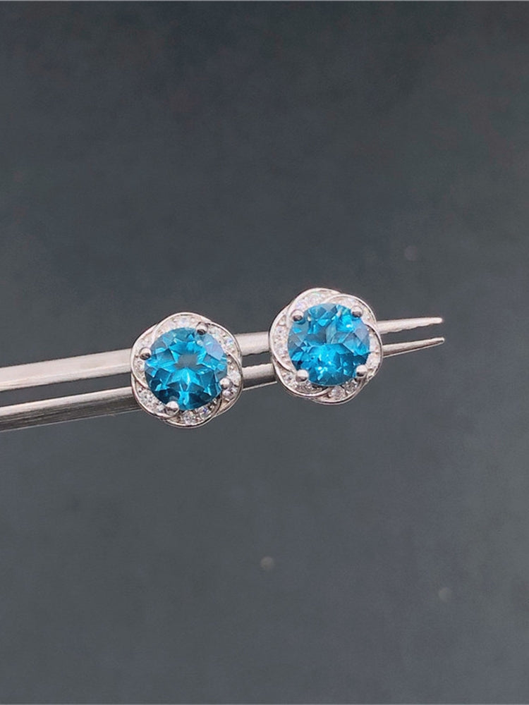 Stylish New Sapphire Natural London Blue Topaz Flower Stud Earrings f