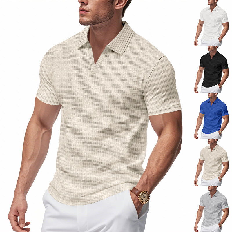 Sommer Herren Locker Freizeit Sport V-Ausschnitt Waffel Kurzarm Revers Polohemd Herren