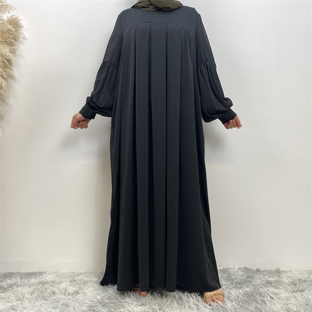 Robe musulmane plissée unie à col rond