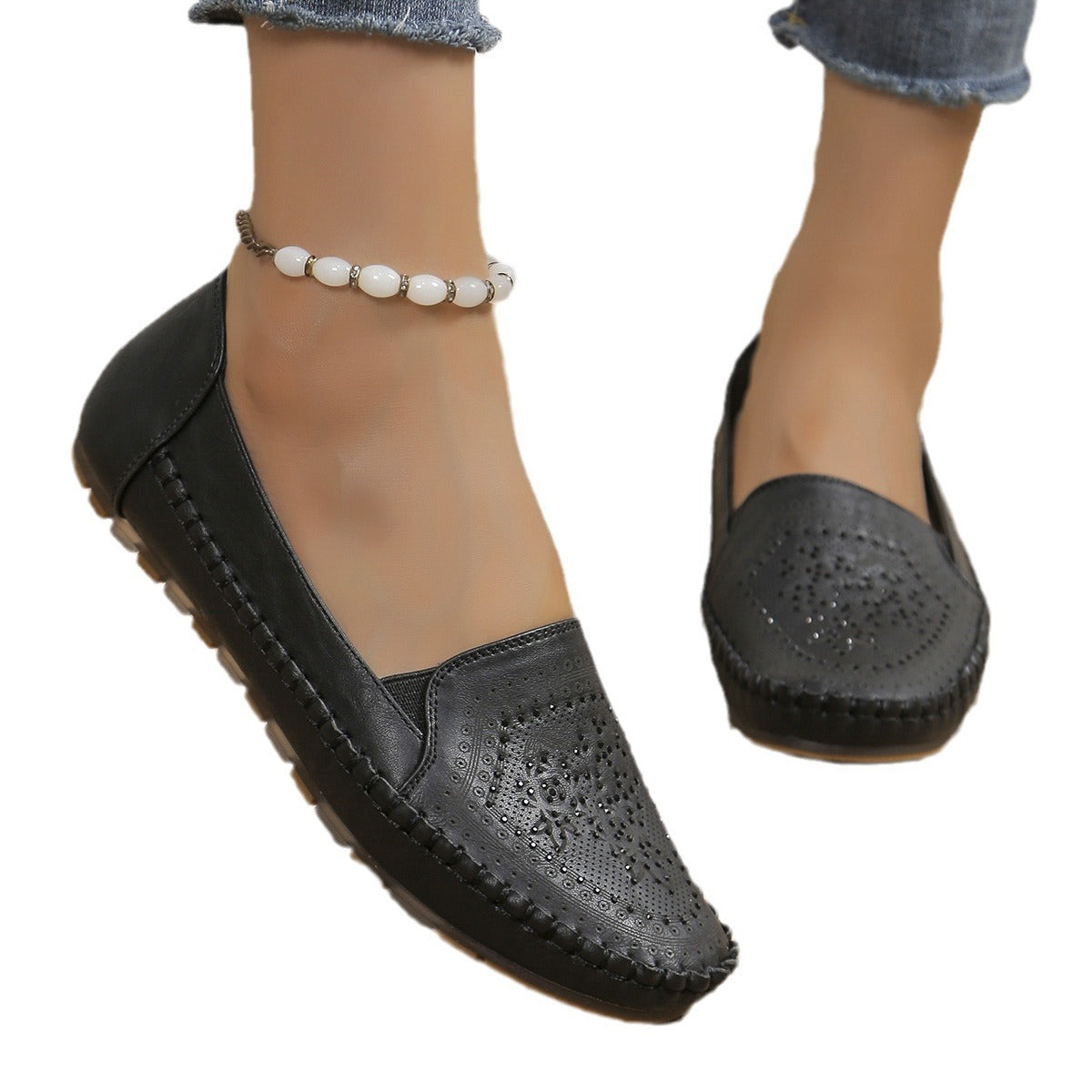 Chaussures décontractées pour femmes, cousues à la main, couleur unie, Gommino