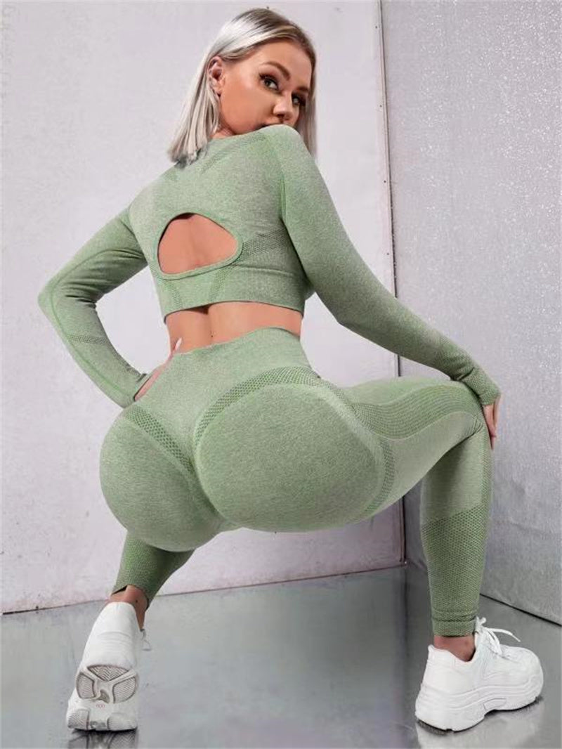 2 pièces Ensembles de sport hauts à manches longues creux et leggings de fitness sans couture taille haute gainante, vêtements de sport pour la gym