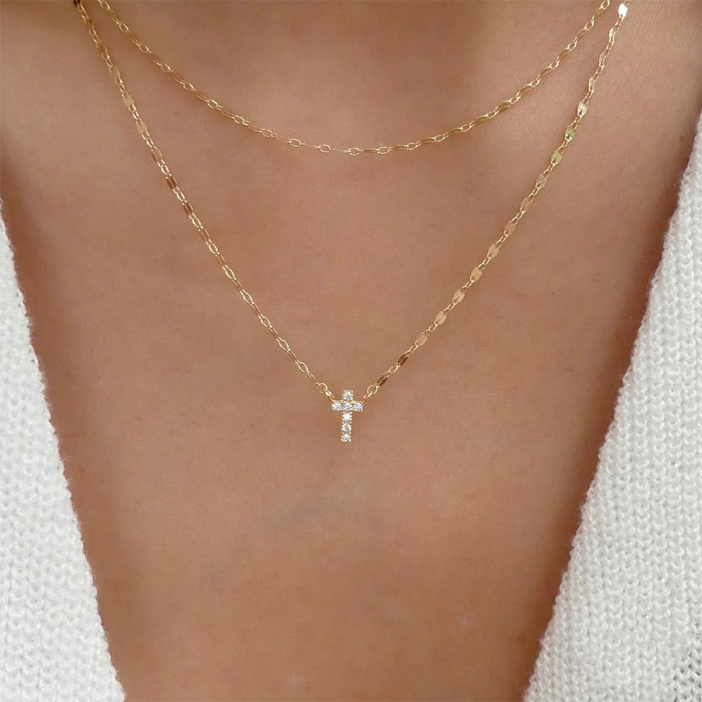 Women's S925 Sterling Silver Double Layer Twin Cross Diamond-studded Necklace