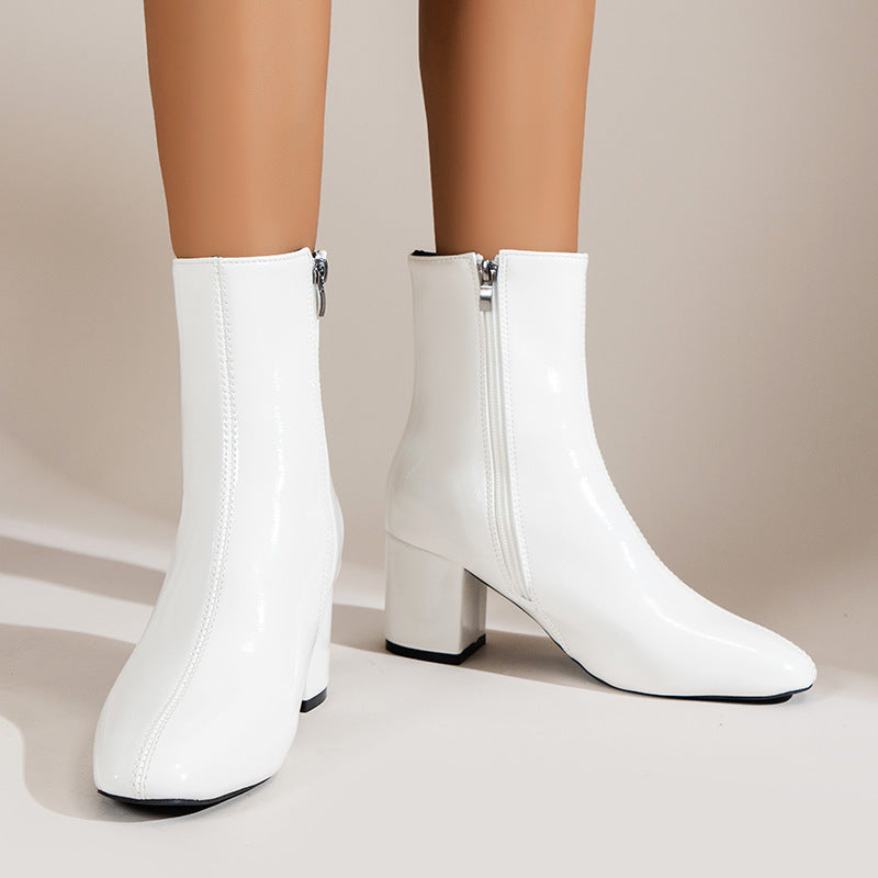 Stiefel mit klobigem Absatz und spitzer Zehenpartie und seitlichem Reißverschluss, modischer Stiefel bis zur Mitte der Wade für Damenschuhe