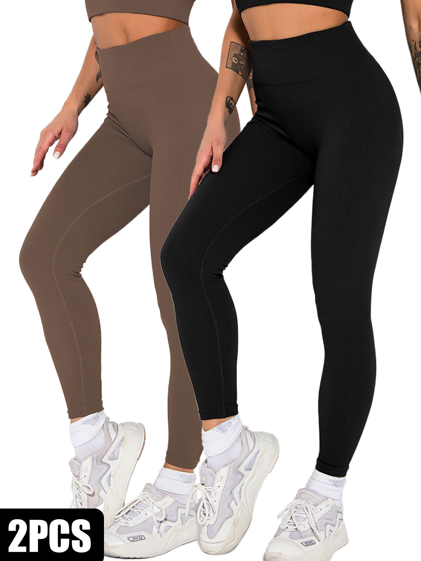 2er-Pack nahtlose gerippte Leggings für Damen, weiche, schlankmachende Yogahosen, gerippte Yogahosen, hohe Taille, Fitnessstudio-Leggings, Sport, Frauen, Fitness, nahtlos, weiblich