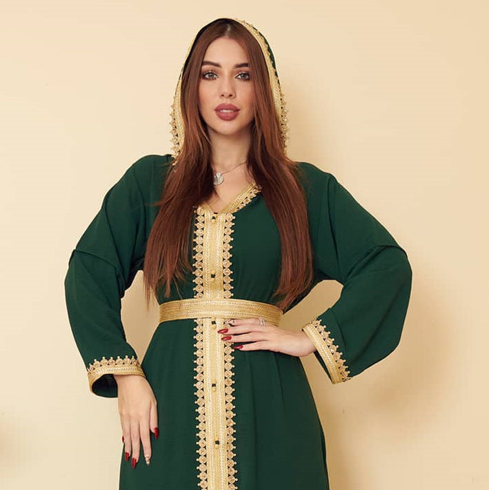 Stylish Linen Green Muslim Saudi Arabian Hooded Women'S Swing Dress f