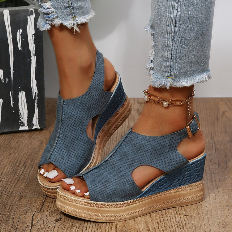 Peep Toe Sandalen Frauen Keilabsatz Plattform Schnalle Schuhe Sommer
