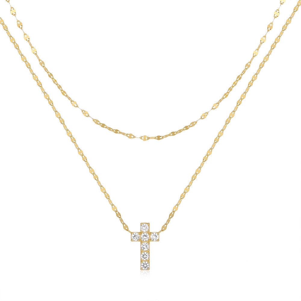 Women's S925 Sterling Silver Double Layer Twin Cross Diamond-studded Necklace