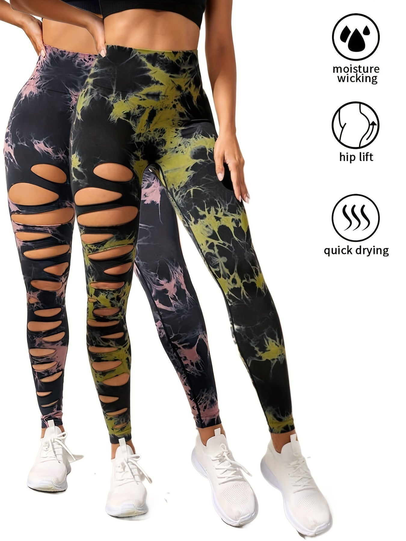2er-Pack hohle, sexy, hochelastische Damen-Strumpfhosen mit Batikmuster und Ausschnitten, hohe Taille, Workout-Yoga-Leggings, elastische Scrunch-Po-Lifting-Hose, Bauchkontrolle, Po-Lifting, Workout-Yoga-Sporthose