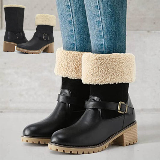Modische Stiefel mit Schnalle, klobigen Absätzen, warmen Winterstiefeln mit runder Spitze, Westernstiefel für Damen