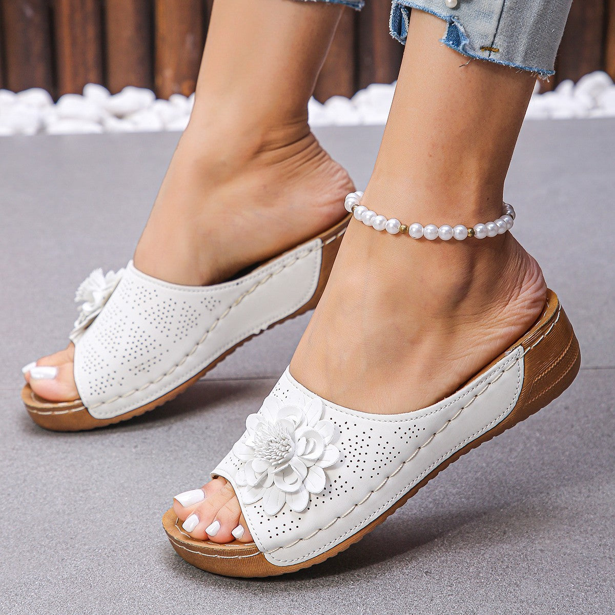 Blumen Keilsandalen Sommermode Retro Hohlsandalen Urlaub Strandschuhe für Frauen