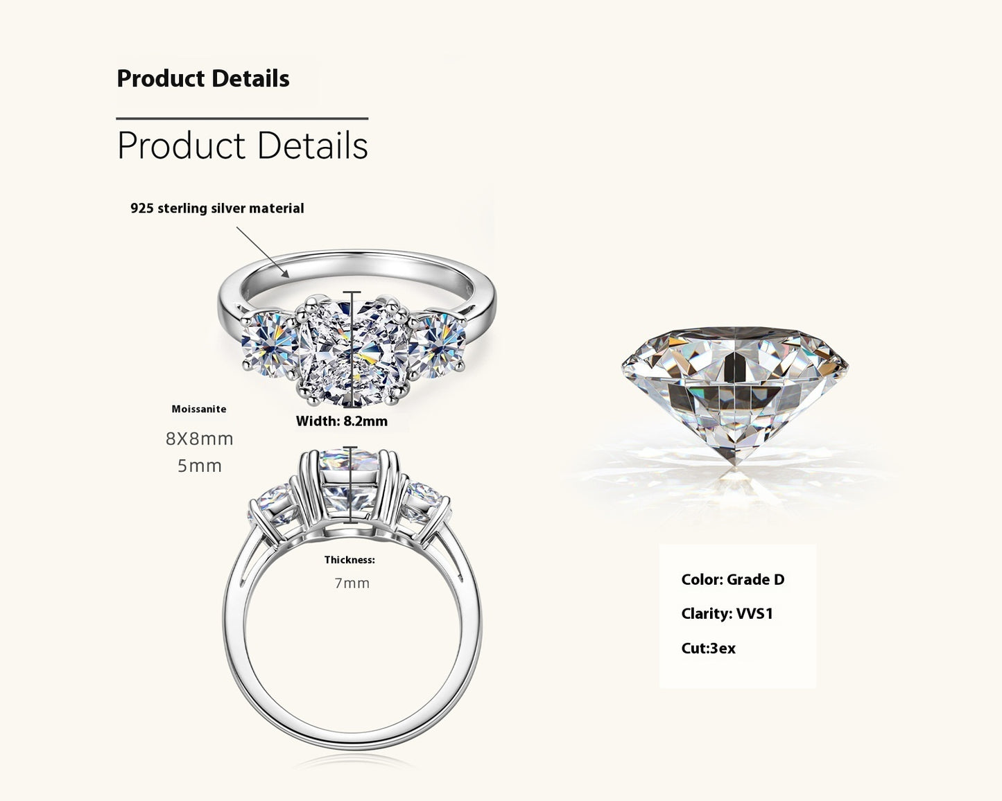Moissanite Ring Women's S925 Sterling Silver