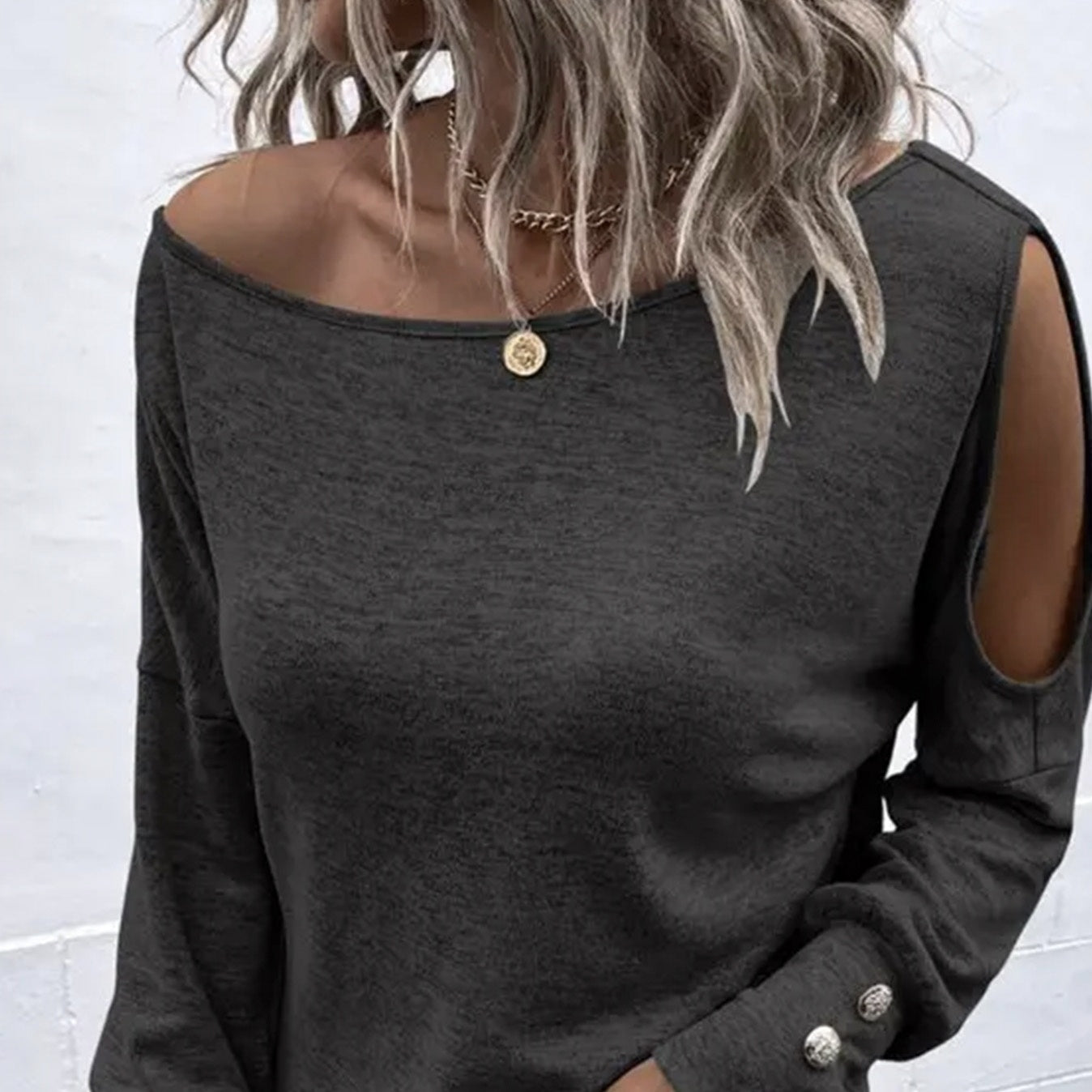 Damenmode Neues schulterfreies, langärmliges, lässiges Top-T-Shirt mit Knopf 