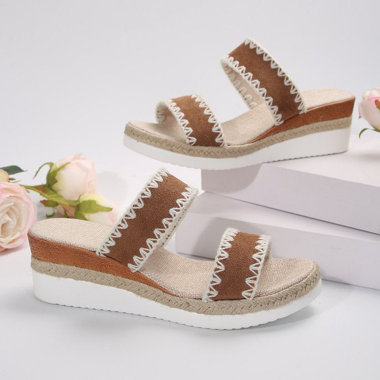 Neue Keilpantoffeln aus Hanfseil im Ethno-Stil, doppelt breite Riemchenschuhe für Damen