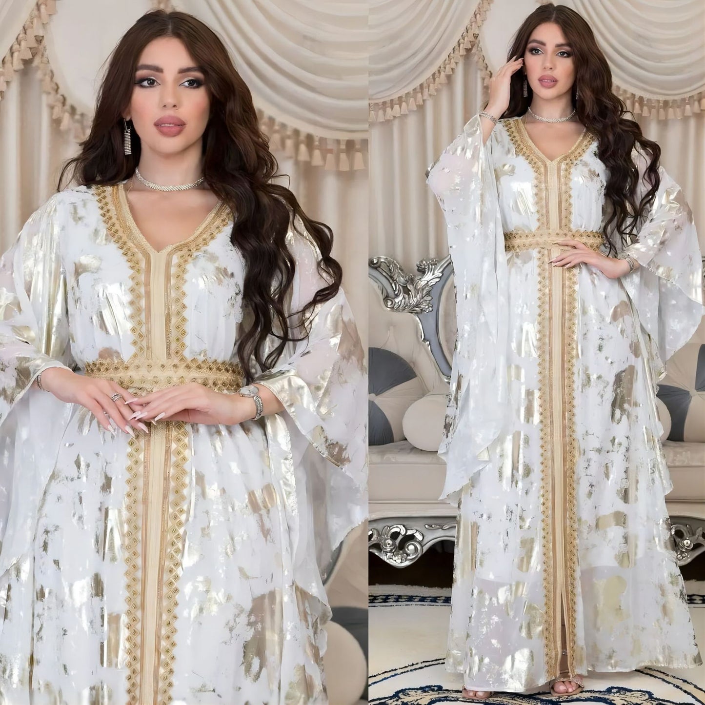 Stylish Muslim Chiffon Bronzing Robe Containing Belt Dress for Everyd