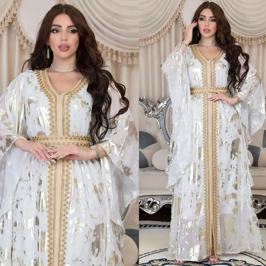 Stylish Muslim Chiffon Bronzing Robe Containing Belt Dress for Everyd