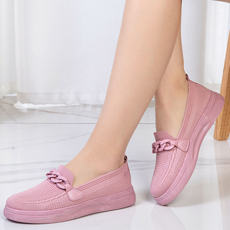 Flache Schuhe mit Kette für Damen, bequeme Slip-On-Schuhe mit runder Spitze