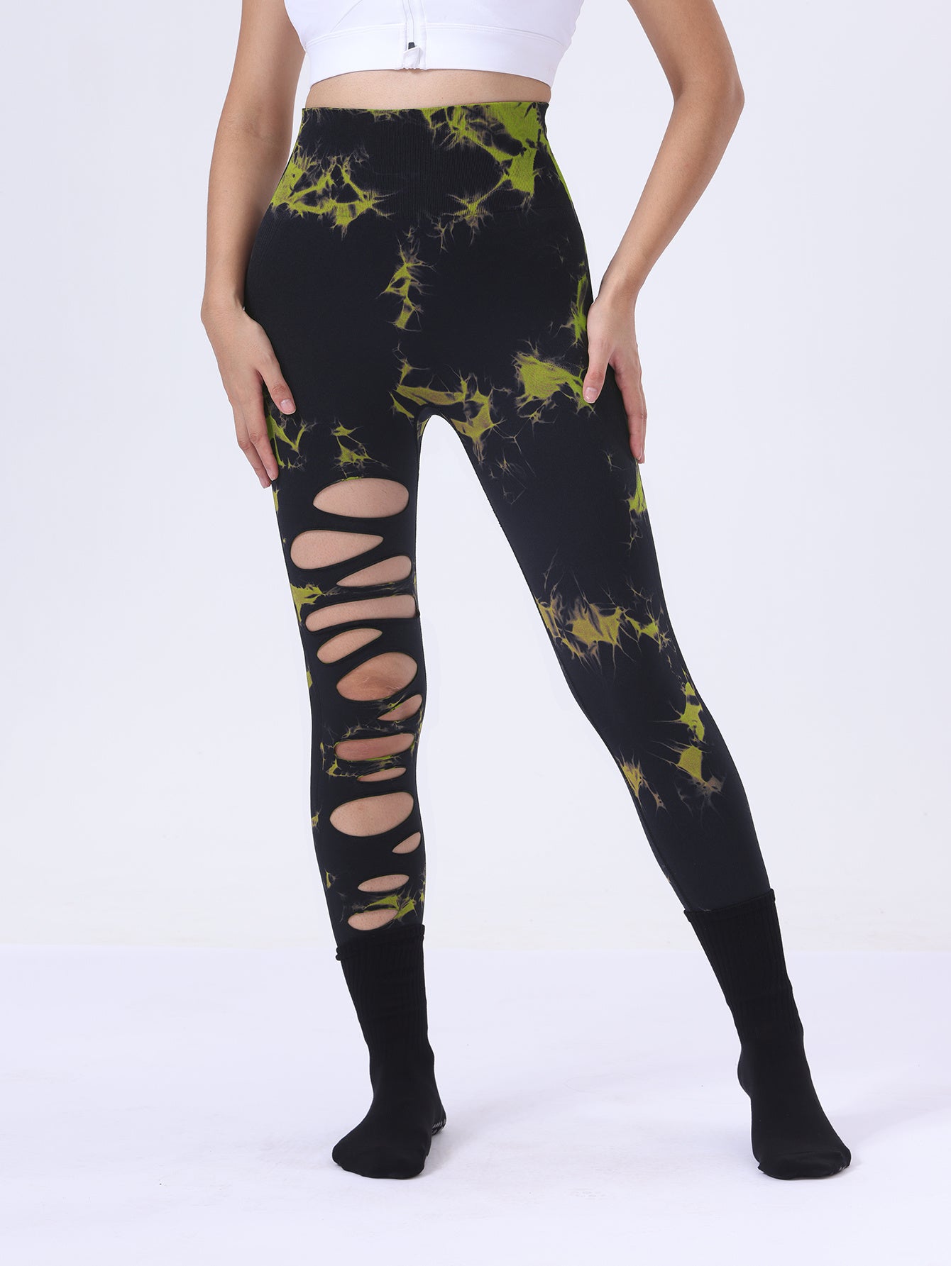 Po-Lifting-Yoga-Fitness-Sporthose, ausgehöhlte Bauchkontrolle-Sport-Leggings mit Batikmuster, Laufhose