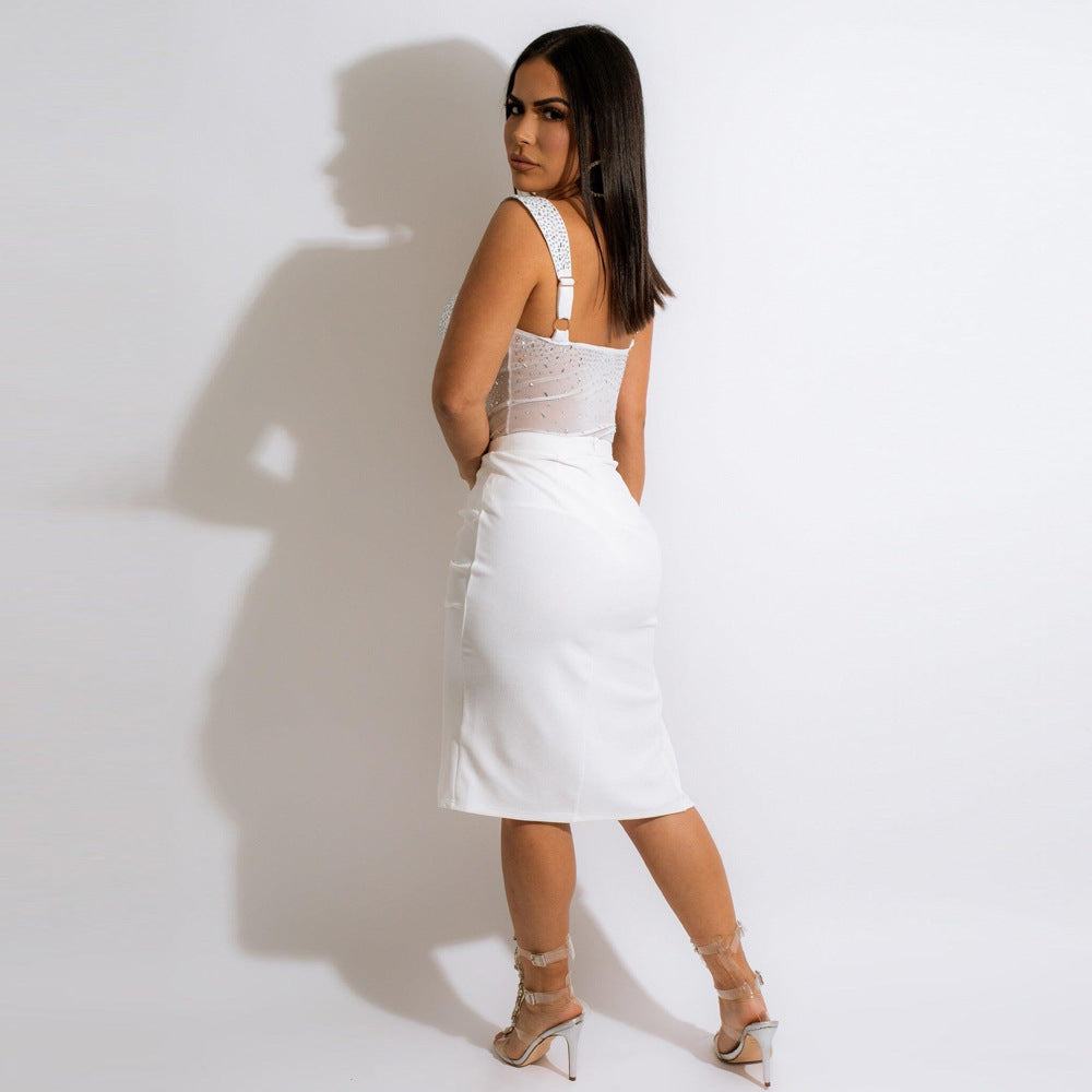 Trendy Rhinestone Sling Backless Two Piece Set Two Colors for Modern