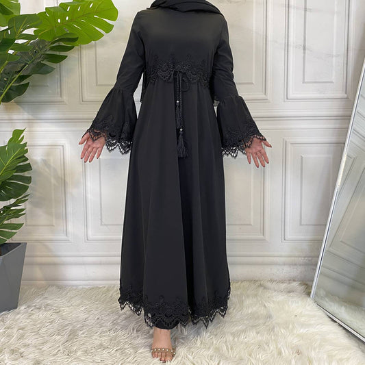 Stylish Muslim Fashion Women'S Lace Splice Lace Up Dress for Everyday