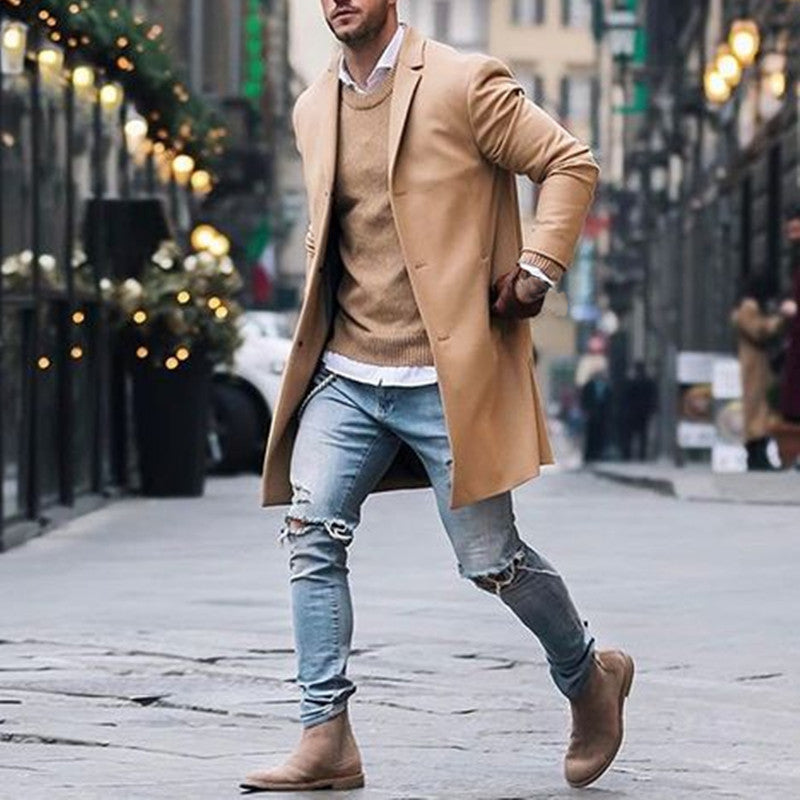 Herren Trenchcoat Winter Lang Jacken Mäntel Übermantel Klassische Jacken Einfarbig Slim Fit Oberbekleidung Hombre Herrenkleidung Khaki Schwarz