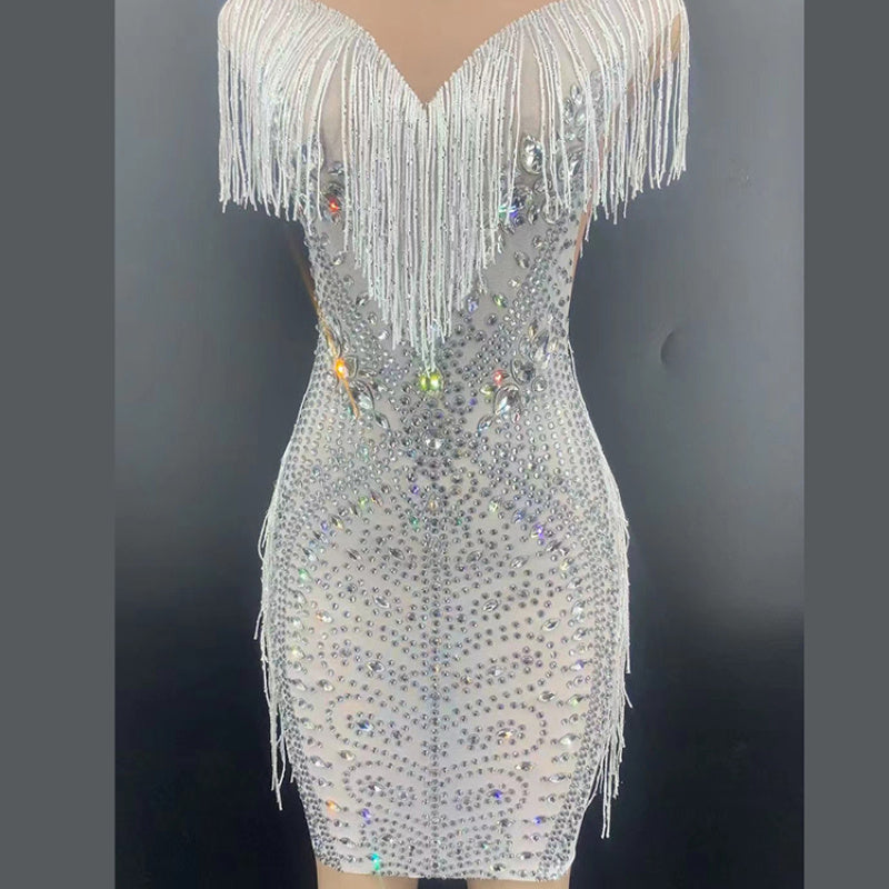 Nouvelle Déesse du Vent Robe à Paillettes avec Glands et Perles, Ornements de Perles et Strass, Design de Luxe.