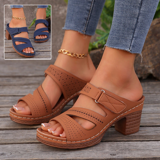 Sandalen mit quadratischem Absatz und Peep-Toe-Sommerschuhen, lässige Sandalen mit klobigem Absatz, einfarbige Hausschuhe
