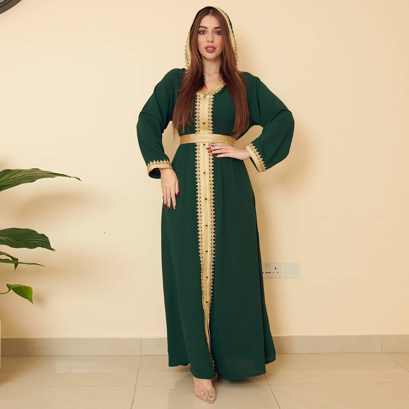 Stylish Linen Green Muslim Saudi Arabian Hooded Women'S Swing Dress f
