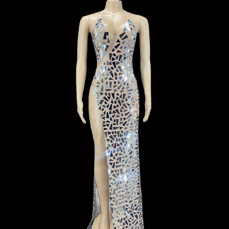 Robe de soirée moulante sexy sans manches, dos nu, avec fente haute et effet miroir scintillant