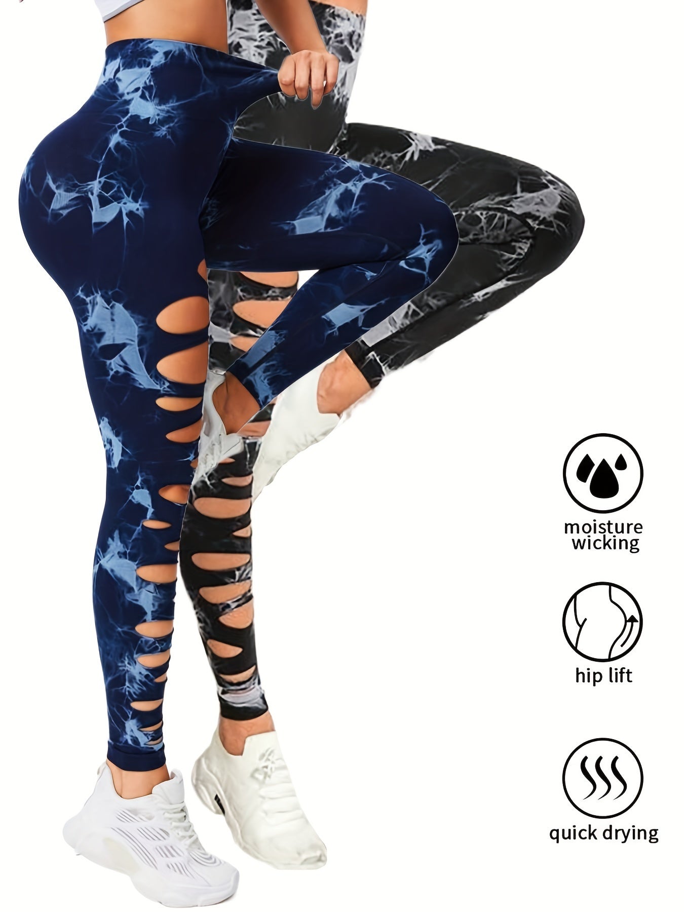 2er-Pack hohle, sexy, hochelastische Damen-Strumpfhosen mit Batikmuster und Ausschnitten, hohe Taille, Workout-Yoga-Leggings, elastische Scrunch-Po-Lifting-Hose, Bauchkontrolle, Po-Lifting, Workout-Yoga-Sporthose