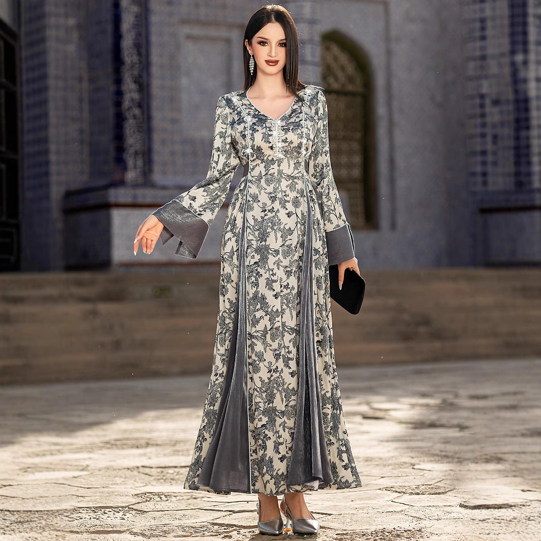 Robe musulmane en satin imprimé à col en V