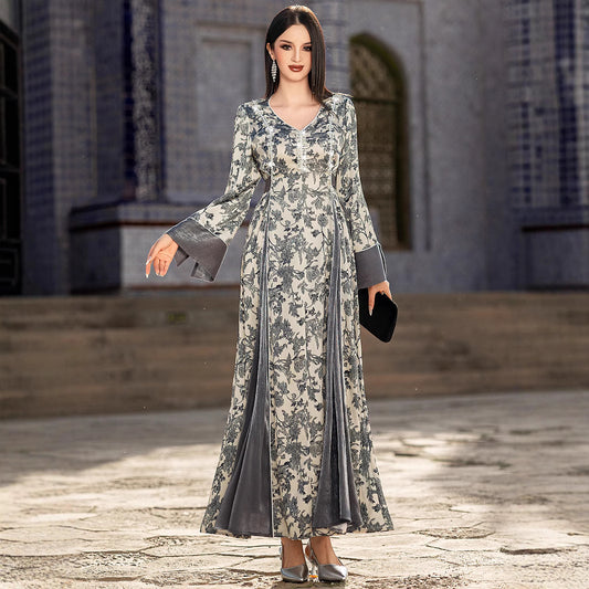Stylish V Neck Satin Printed Muslim Dress for Everyday Wear