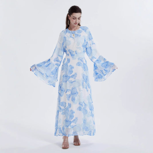 Stylish Muslim Chiffon Printed Bell Sleeve Dress for Everyday Wear