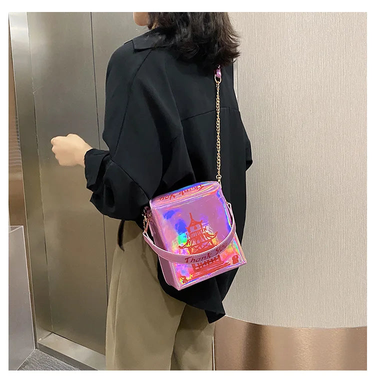 ENJOININ Chinese Takeout Box Purse Pu Leather Women Handbag Fashion Crossbody Bag Shoulder Chain Bag for Girl Bucket Bag