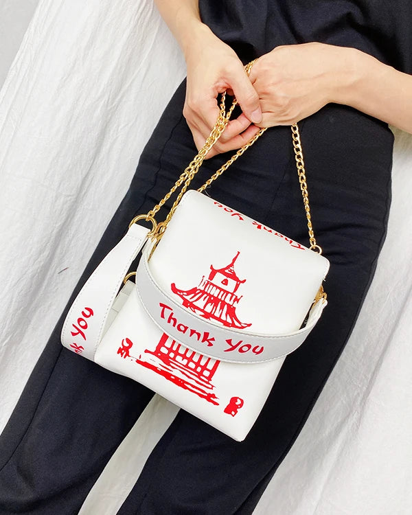 ENJOININ Chinese Takeout Box Purse Pu Leather Women Handbag Fashion Crossbody Bag Shoulder Chain Bag for Girl Bucket Bag
