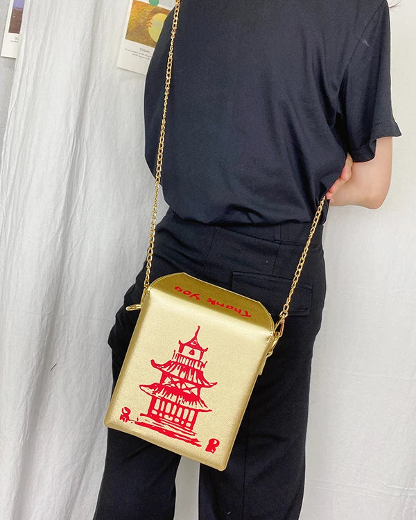 ENJOININ Chinese Takeout Box Purse Pu Leather Women Handbag Fashion Crossbody Bag Shoulder Chain Bag for Girl Bucket Bag