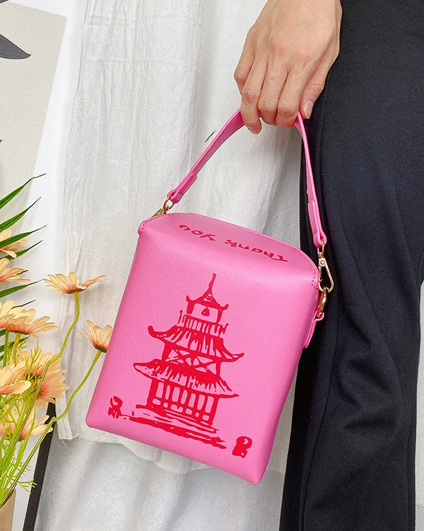 ENJOININ Chinese Takeout Box Purse Pu Leather Women Handbag Fashion Crossbody Bag Shoulder Chain Bag for Girl Bucket Bag