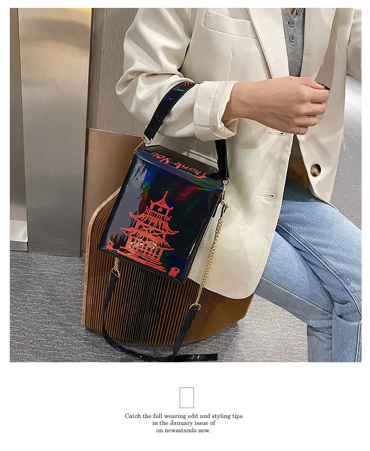 ENJOININ Chinese Takeout Box Purse Pu Leather Women Handbag Fashion Crossbody Bag Shoulder Chain Bag for Girl Bucket Bag