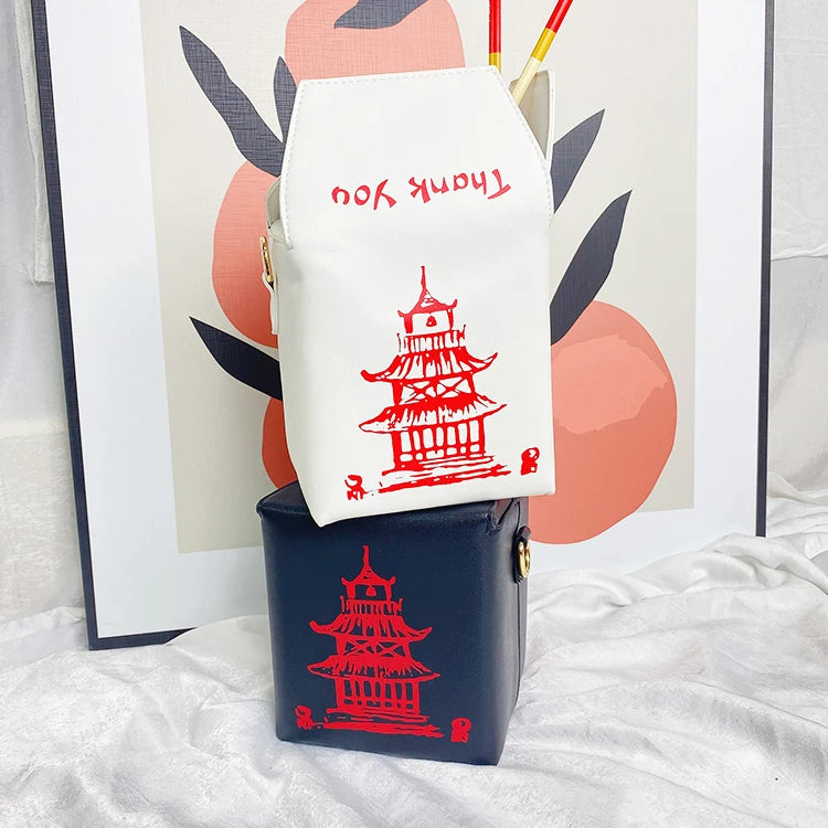 ENJOININ Chinese Takeout Box Purse Pu Leather Women Handbag Fashion Crossbody Bag Shoulder Chain Bag for Girl Bucket Bag