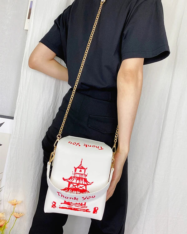 ENJOININ Chinese Takeout Box Purse Pu Leather Women Handbag Fashion Crossbody Bag Shoulder Chain Bag for Girl Bucket Bag